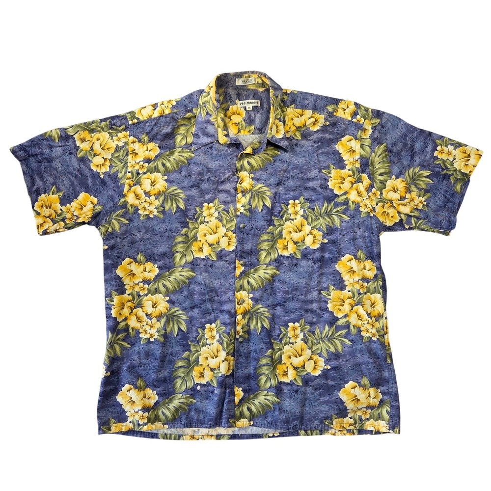 Via Veneto Mens XL Blue Yellow Hibiscus Floral Cotton Hawaiian Button Down Shirt